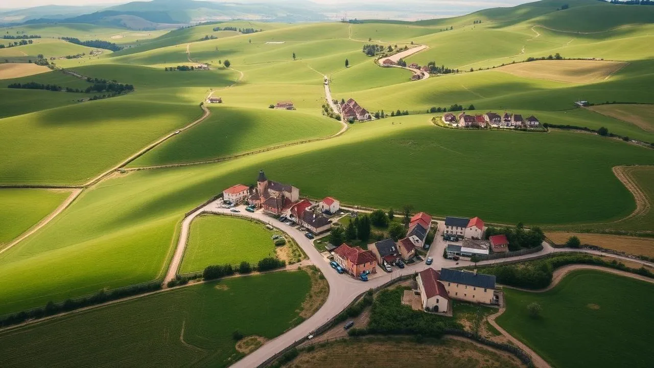 Vue aérienne d'un village rural français illustrant un désert médical