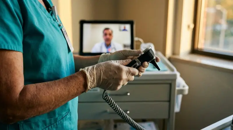 Infirmière utilisant une tablette connectée lors d'un examen clinique