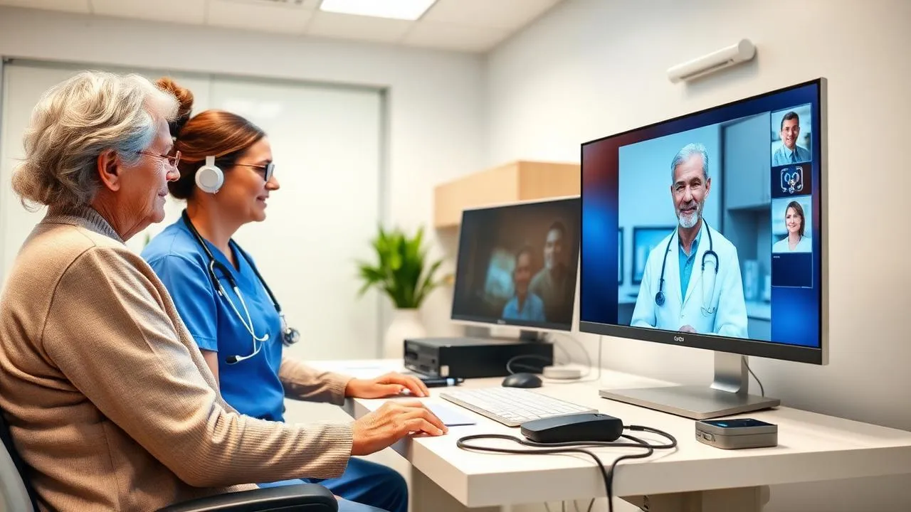 Infirmière assistant une patiente lors d'une téléconsultation avec un médecin à distance