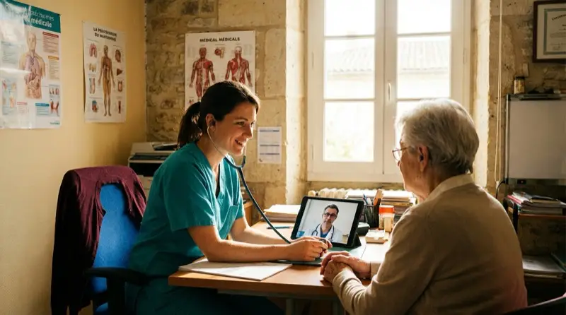 Infirmière assistant une patiente lors d'une téléconsultation avec un médecin à distance