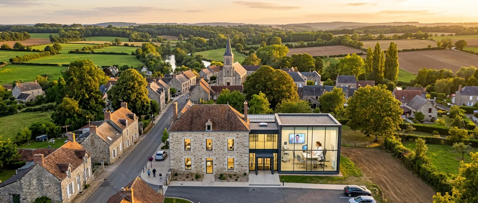 Centre de santé en milieu rural — vue aérienne d'un village français