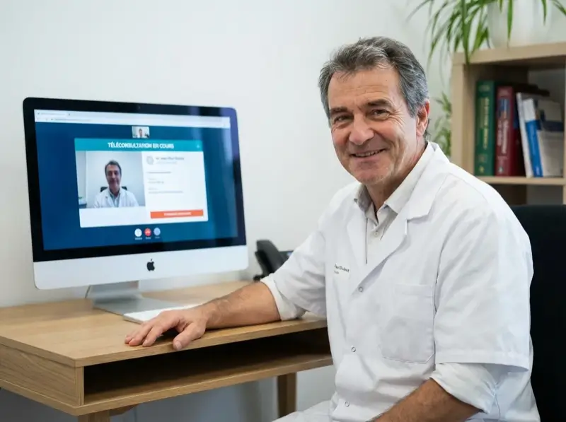 Médecin en téléconsultation assistée avec un patient accompagné d'une IDE