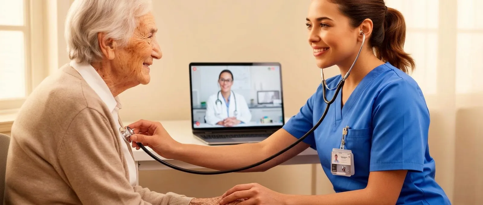 Infirmière effectuant un examen clinique assisté par télémédecine