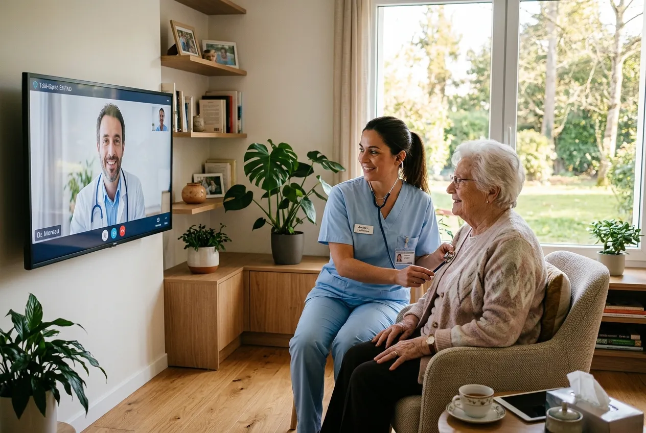Téléconsultation assistée en EHPAD — résidente accompagnée par une infirmière